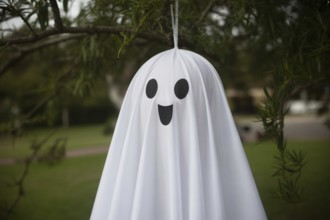 Close up of cute white sheet ghost Halloween decoration hanging from tree. Concept of spooky