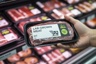 Hand holding package of lab-grown beef meat in supermarket. Concept of cruelty-free advanced vegan