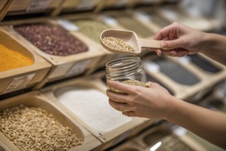 Woman's hands filling small glass jar with grains using wooden scoop at bulk store. Concept of