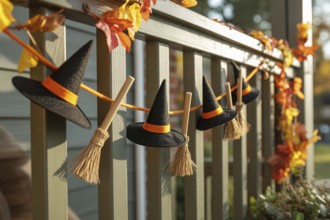 Cute Halloween garland with tiny felt witches' hats and broomsticks on wooden porch railing