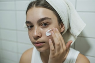 Teenage girl applying skin cream in bathroom. Honest daily skincare and self-care routine.