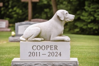 Gravestone with dog stone sculpture in a cemetery. Memorial for a beloved pet and pet loss