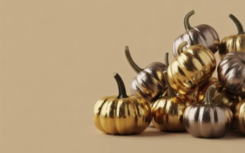 Metallic golden and copper pumpkins arranged on side of yellow background with copy space. Festive