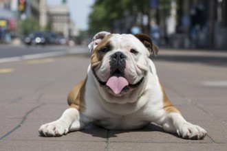 English bulldog lying on pedestrian walk, panting heavily in summer heat. Concept of overheating