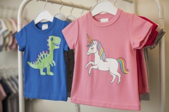 Blue children's shirt with dinosaur and pink children's shirt with unicorn, illustrating gender