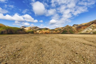Volcanic landscape, colourful rhyolite mountains, Cumulus, Landmannalaugar, remote hiking area in