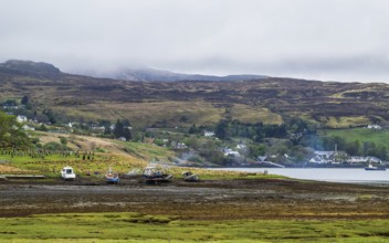 Farms over Loch Harport, Drynoch, Isle of Skye, Scotland, UK