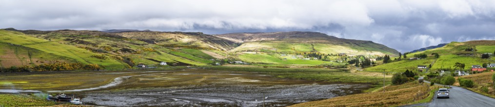 Panorama of Farms over Loch Harport, Drynoch, Isle of Skye, Scotland, UK