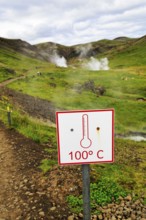 Sign with inscription 100 degrees Celsius, warning, boiling hot water, steaming valley, bathing