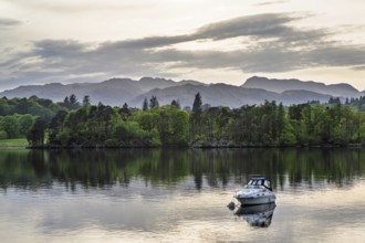 Boats on Windermere Lake and mountains, Ambleside, Lake District, Cumbria, England, United Kingdom