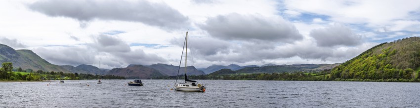 Panorama of moutains and Boats, Ullswater Lake, Pooley Bridge, Lake District National Park,