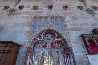 Painting c. 1335, Mary as the Throne of Solomon in the arched area above the exit door of the