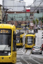 Ruhrbahn tram, on Altendorfer Straße, intersection Helenenstraße, in Essen, rush hour, traffic,