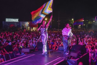 Bahar Kizil and Senna Gammour from the band Monrose at the 47th Christopher Street Day under the