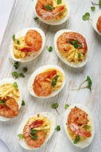 Boiled eggs stuffed with yolk and seasoned with mayonnaise, stuffed eggs with shrimp, on a white