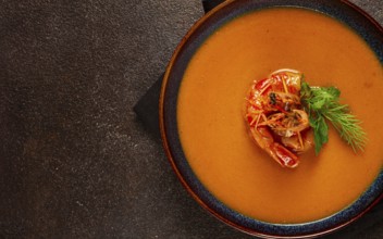 Shrimp cream soup, bisque soup, French cuisine, homemade, no people