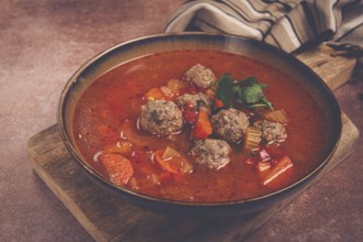 Romanian soup with meatballs, vegetable soup with meatballs, homemade, no people