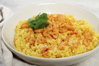 Risotto with shrimp, in a bowl, on a textured surface, with a side dish of fresh coriander,