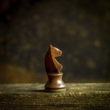 A beautifully crafted wooden chess knight piece stands prominently on a wooden surface. The