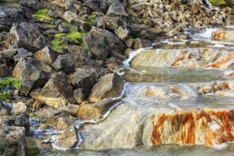 Sinter terraces, sinter steps, moss-covered volcanic rock, Hveravellir geothermal area, Icelandic