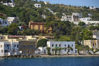 Colourful houses embedded in green vegetation on the coast, Lakki, Leros, Dodecanese, Greek