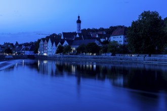 Barrage on the Lech, Landsberg, in the blue hour, Upper Bavaria, Bavaria