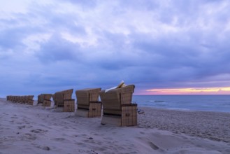 Beach chairs at sunset, North Sea, Rantum, Sylt, Schleswig-Holstein