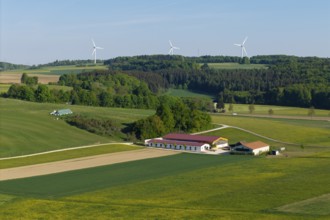 Idyllic rural scene with windmills, green fields and a farm under a blue sky, near Westerheim,