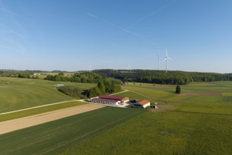 An expansive field landscape with a farm and wind turbines, under a clear blue sky, near