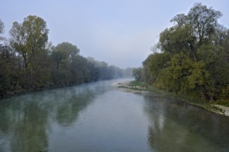 River Isar in the morning fog shortly in front of sunrise, twilight, blue hour, nature reserve