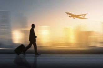 Businessman global travelling concept with the plane taking off in the background, AI generated