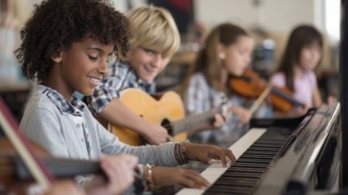 Diverse children paying musical instrument and learning music at music school, AI generated
