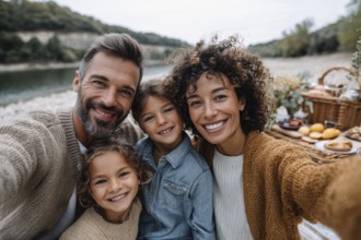 Cheerful happy family taking selfie on picnic on a family vacation day, AI generated