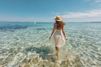 Caucasian model going into clear ocean water on summer vacation, AI generated