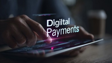 Businessman using tablet with digital payment technology and virtual screen hologram, AI generated