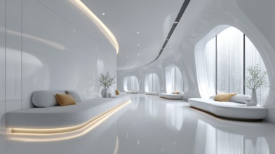 Bright futuristic living room with curved built-in sofa, oval windows create a glowing ambiance.