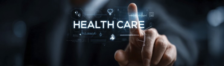 Businessman touching a digital, glowing, futuristic, modern hologram with the text HEALTHCARE and