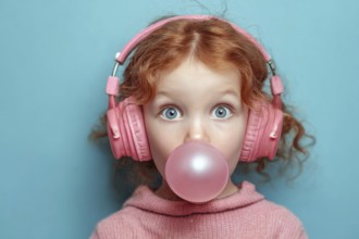 Child in a big headphones and bubble gum, AI generated