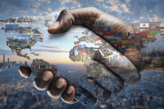 Collage and culture and business cooperation between governments. Shaking hands covered in