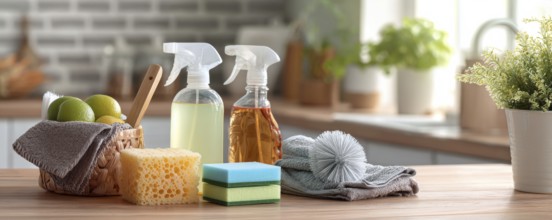Cleaning set with products and tools on kitchen table, AI generated