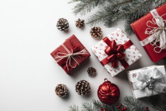 Christmas and New Year holiday background. Xmas greeting card and gifts on white background top