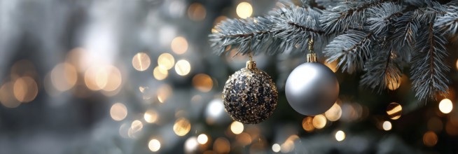 Christmas Tree With Baubles, holiday season and holiday greetings. Happy family time, AI generated