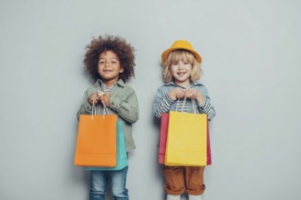 Children with colourful shopping bggs, AI generated