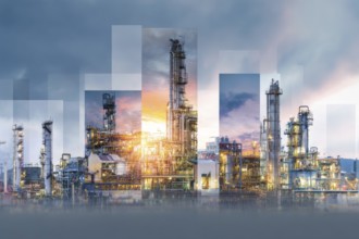 Collage of industrial factories and warehouses. Illustration of global international trade and