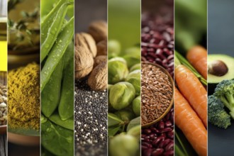 Collage healthy organic vegetables that improve digestion health and heart health, AI generated