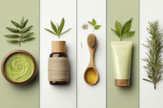 Collage of healthy organic cosmetics and makeup, AI generated