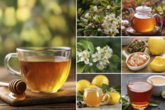 Collage healthy organic tea and healthy drinks, AI generated