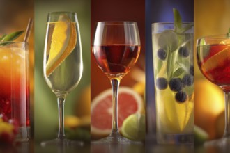 Collage of alcoholic drinks and cocktails and glasses, AI generated