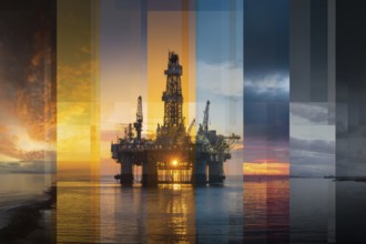 Collage of industrial factories and warehouses. Illustration of global international trade and