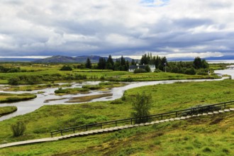 Thingvellir National Park, green volcanic landscape with Lake Þingvallavatn, Thingvallavatn in